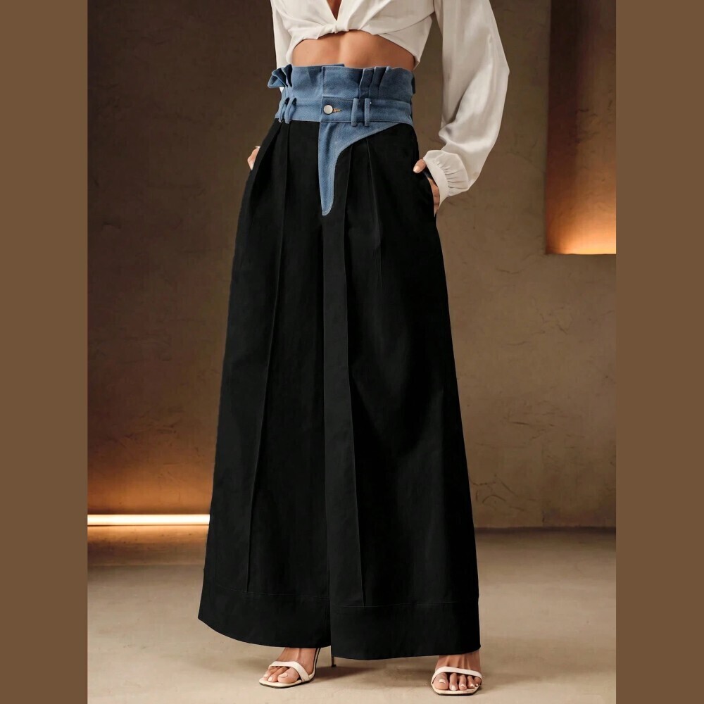 Black Wide Leg Pants with Denim Contrast High Waist